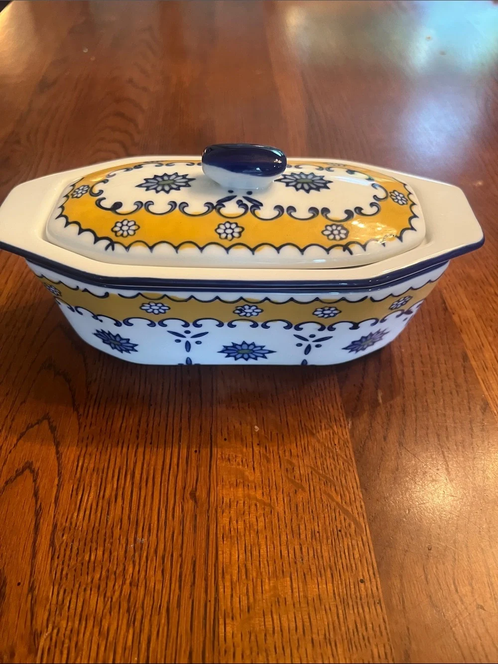 Vintage Cook Street Ceramic Covered Butter Dish 3 Pieces Yellow Blue Floral VG